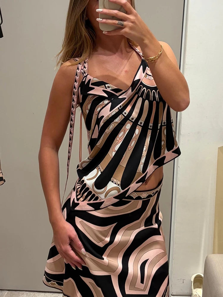 Summer Fashion Outdoors Tourism Geometric Print Asymmetrical Tops Women's Sexy Spaghetti Strap Strapless High Waist Slim Top