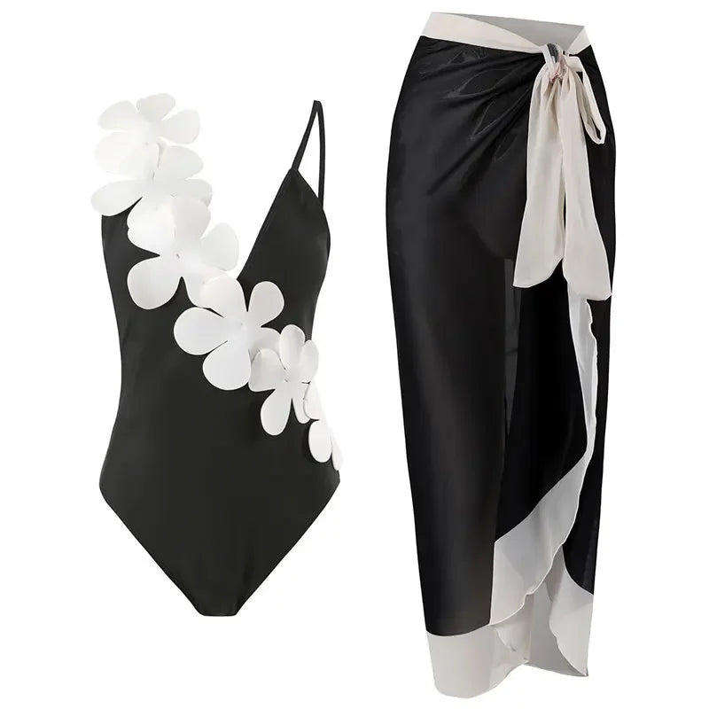 White Flower Swimsuit and Sarong