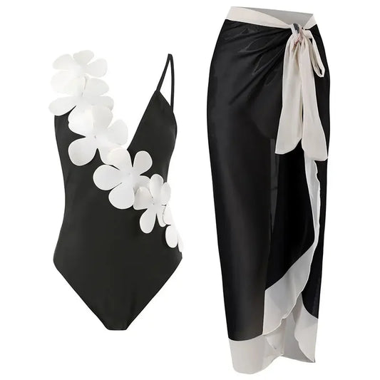 White Flower Swimsuit and Sarong