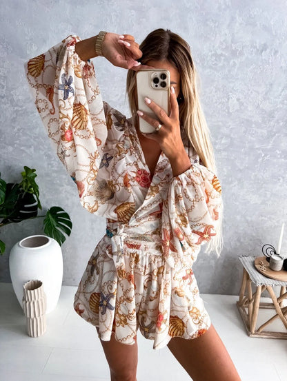 Boho Chic V-Neck Lantern Sleeve Romper