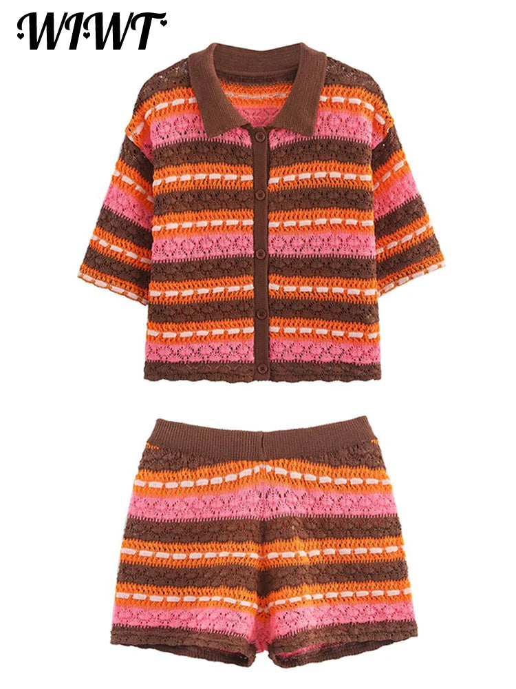 Knitting Stripe Shorts Set