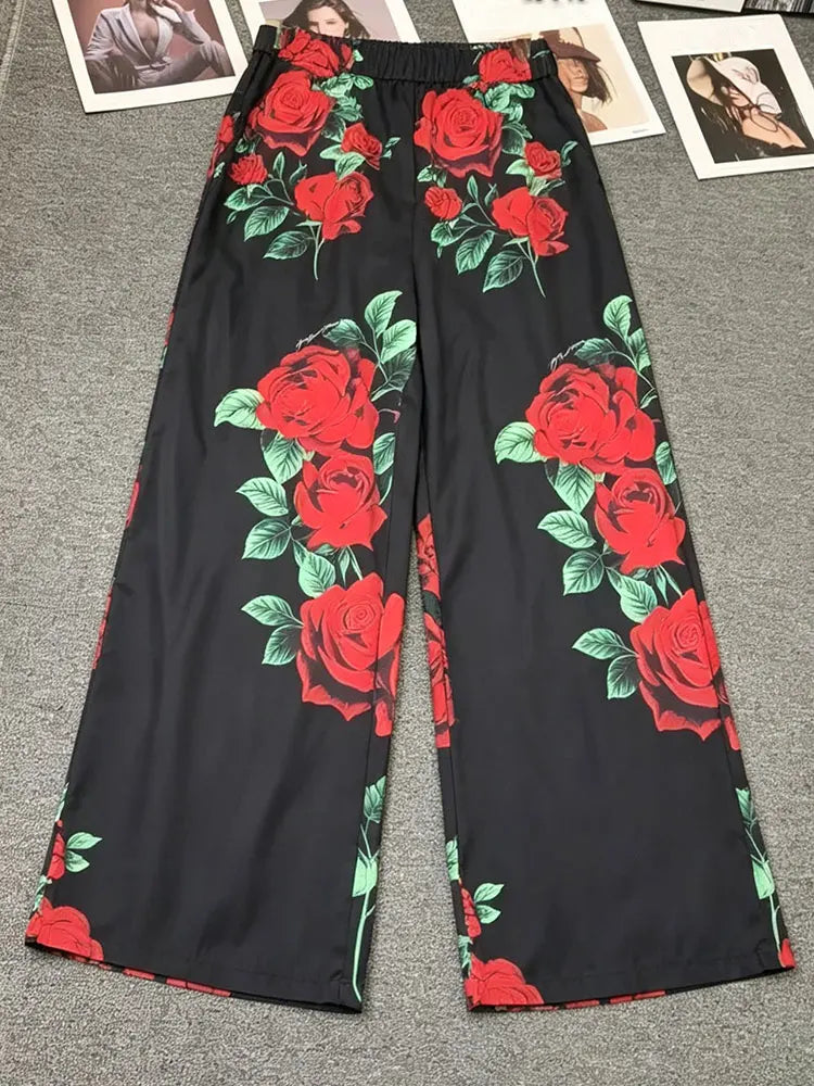Autumn Fashion Printed Satin Two-Piece Pants Long-Sleeved Lace-Up Shirt Jacket Elastic Waist Wide-Leg Pants Home Wear Women's Su - Shellss