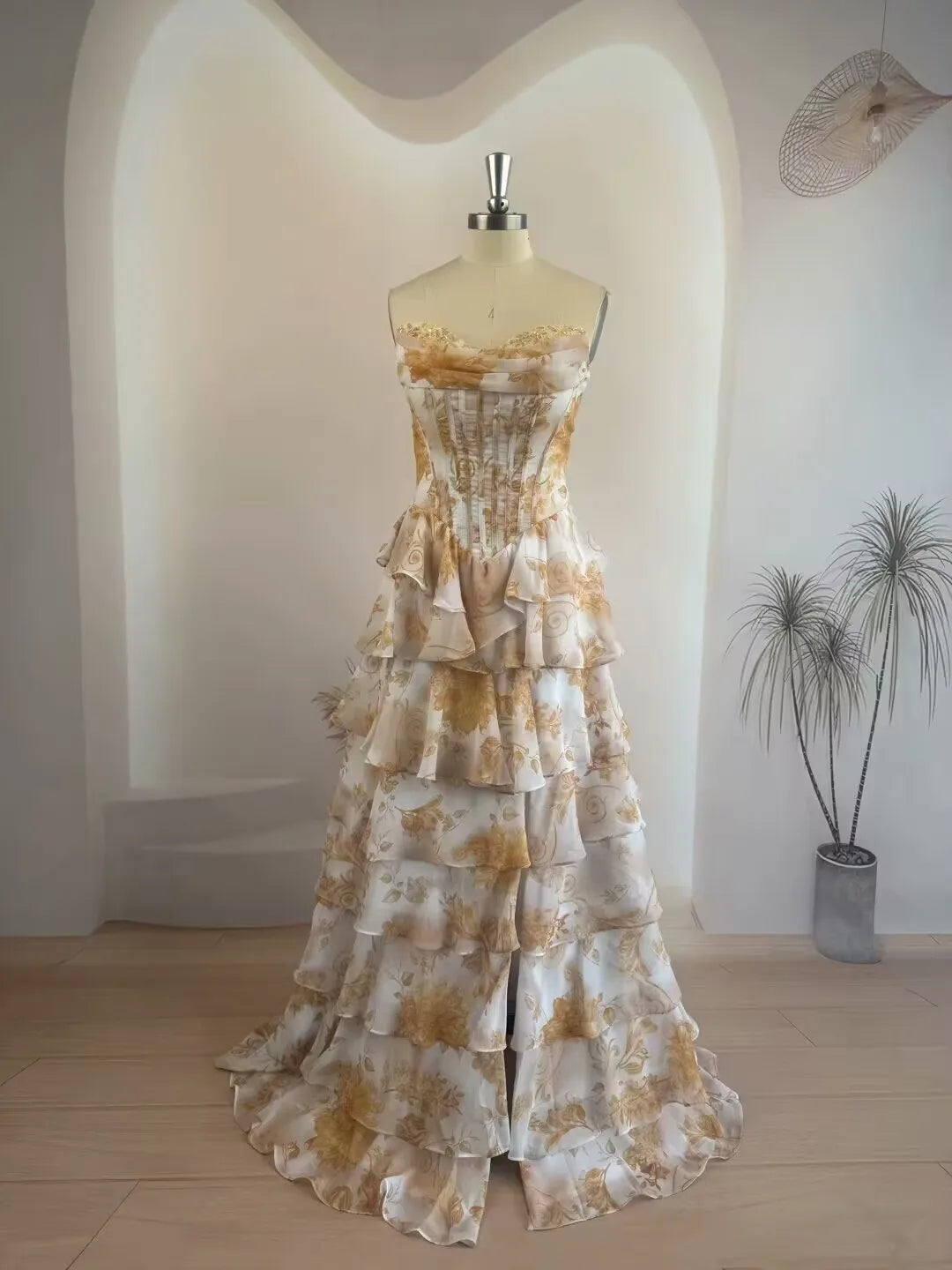 Strapless Evening Dresses Floral Tiered Ruffle