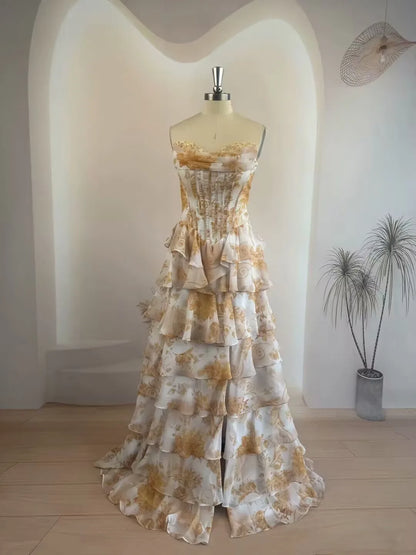 Strapless Evening Dresses Floral Tiered Ruffle