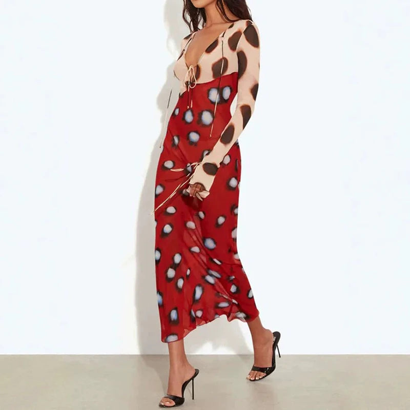 V Neck Lace Up Women's Casual Dress New Thin Mesh Spring Summer Dress Polka Dot Print Flared Sleeves Slim Fit Yacht Party Dress