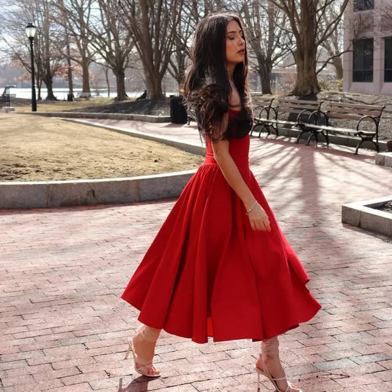 Suninheart Spaghetti Strap Summer Party Dresses 2025 New Arrivals Fit and Flare Elegant Midi Dress Red Night Date Dress - Shellss