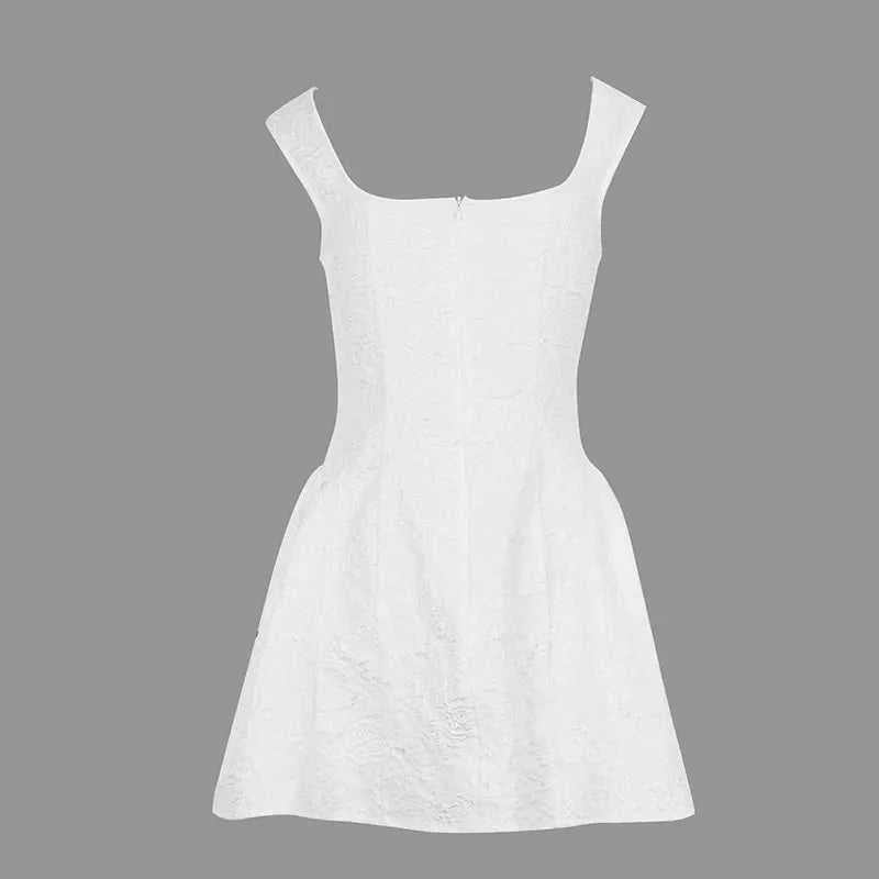 White Mini Waist clinching square neck A Line