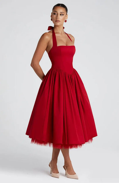 Red Midi Mesh Back Bandage Halter