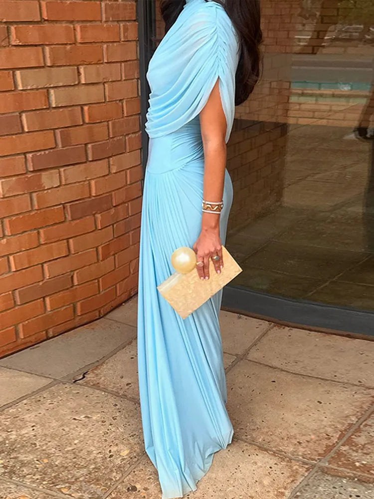 Irregular Shawl Blue Maxi Dress Women's Fashion Turtleneck Slim Fit Pleated Vestidos 2025 New Lady Evening Party Robes Summer - Shellss