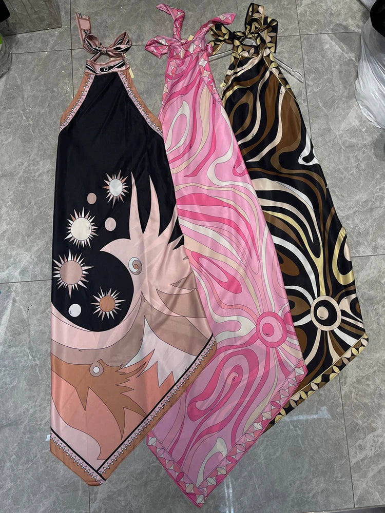 2026 Summer Women's Clothing Retro Geometric Print Sexy Backless Sleeveless Halter Dress Fashion A-Line Irregular Skirt - Shellss