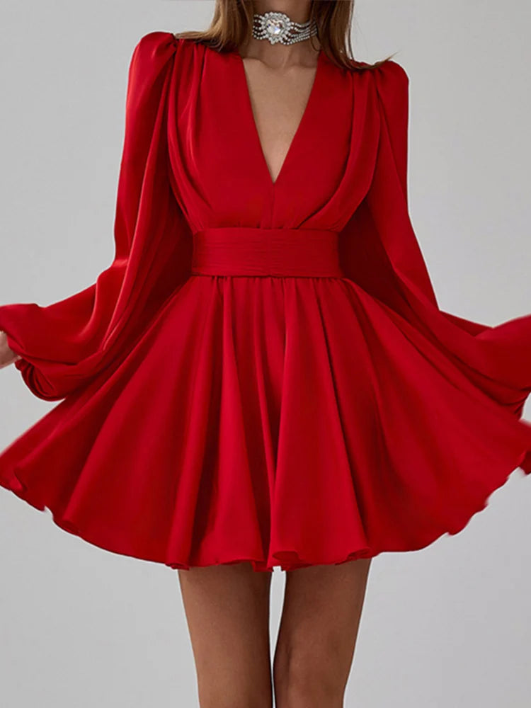 Elegant Red High Waist Long Lantern Sleeve Female Dress