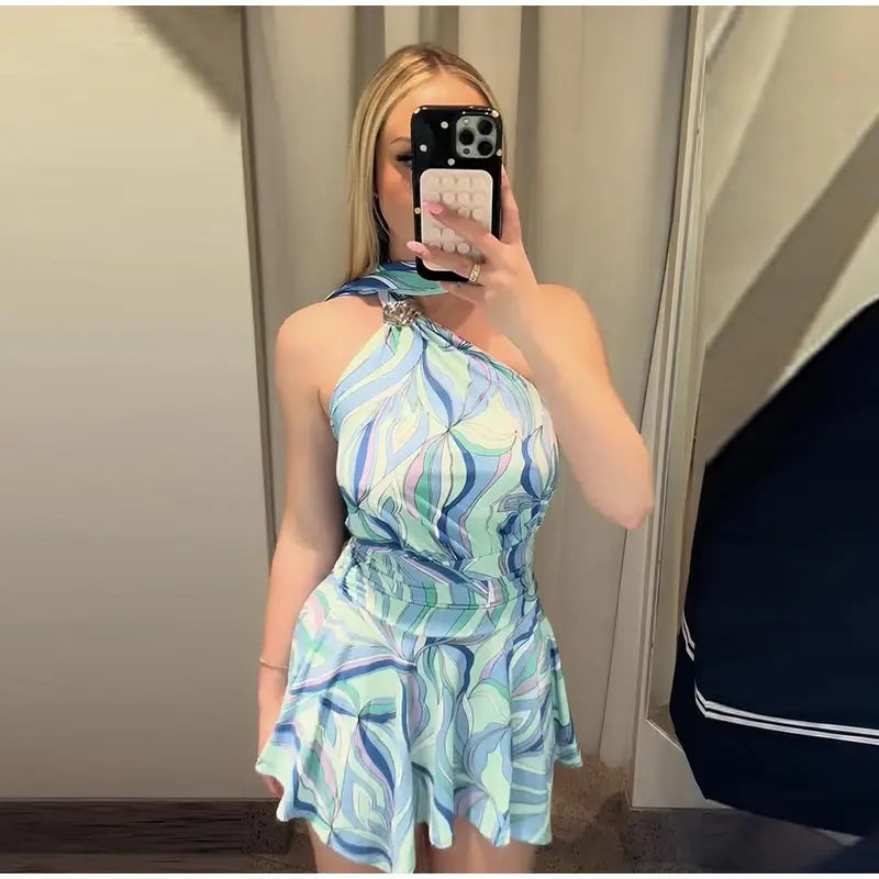 Print Women Dress Backless Mini Dress Halter High Waist Dresses Flared Skirt Hem Waist Shaping Slimming Casual Trendy Street Sty