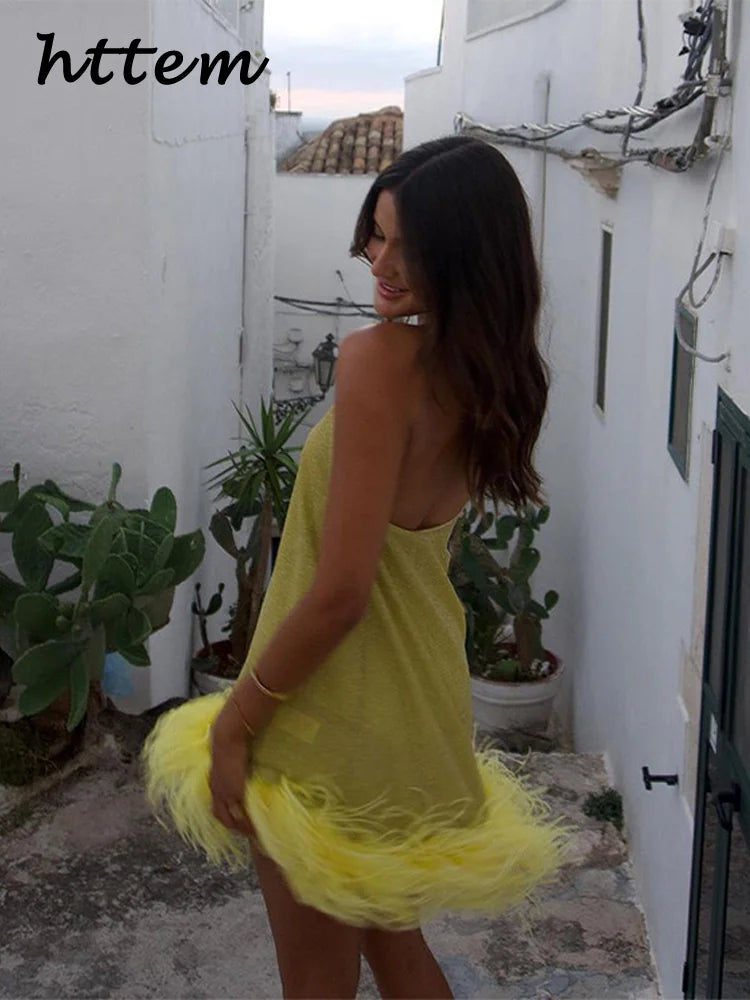 Yellow Sparkly Feathers Mini - Shellss