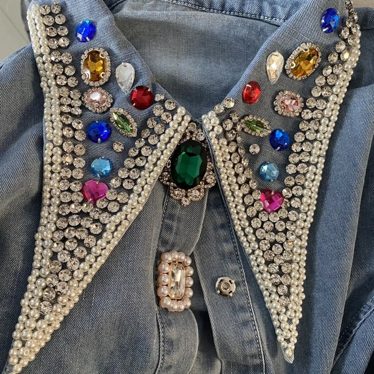 Beaded Denim Shirt Spring Lantern sleeve