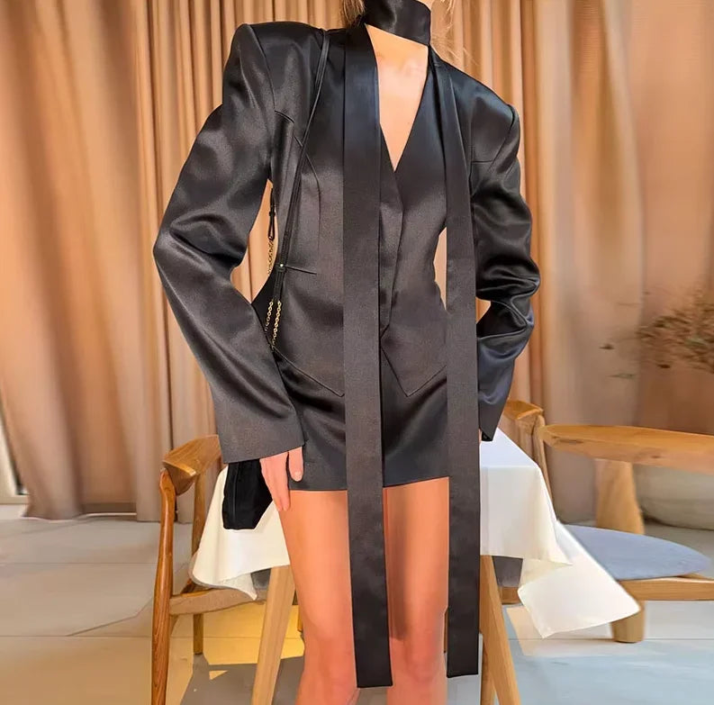 Solid Cropped Satin Blazer & Skirt Set