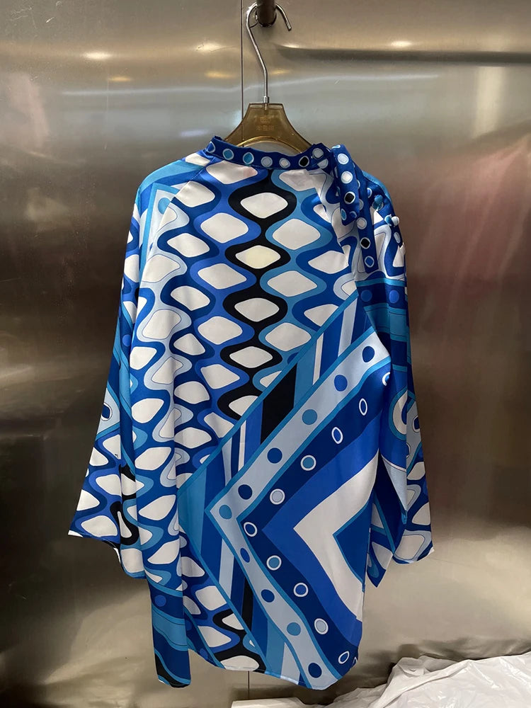 Design retro geometric positioning print round neck tie pullover dress 2026 autumn women's clothing fashion loose straight skirt - Shellss