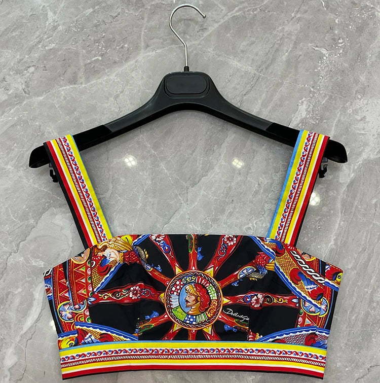 Seifrmann Casual printed cotton two-piece square neck sleeveless top high waist skirt suit 2026 autumn women's new style - Shellss