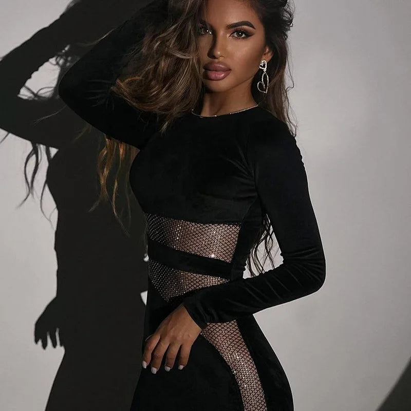 Sheer Mesh Diamonds Party Dress