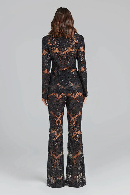 HIGH STREET Newest 2024 Designer Runway Suit Set Women's Single Button Guipure Lace Blazer  Flare Pants Set
