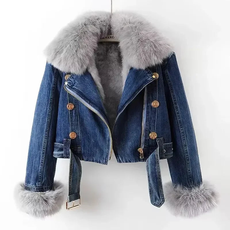 Denim Jacket Casual Punk Biker Faux Fox Fur Zipper Cowboy Coat