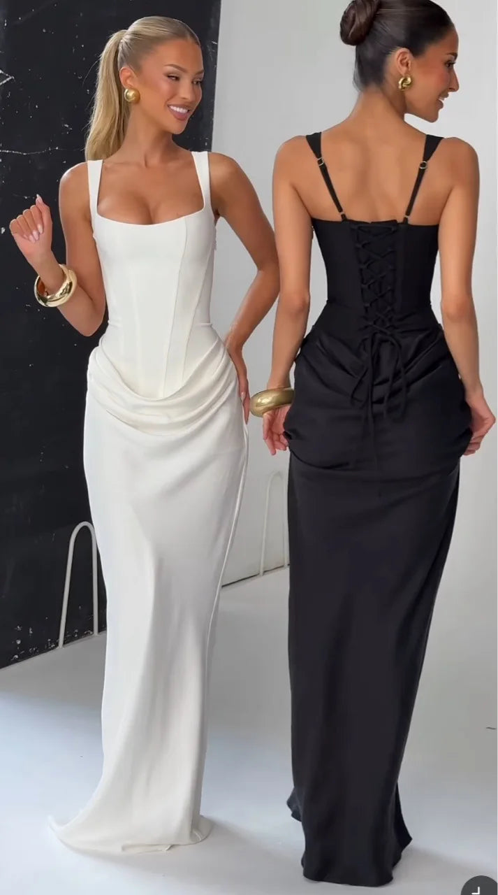 Suninheart White Women's Maxi Dress Elegat Lace Up Dress Slim Formal Wedding Guest Party Dress - Shellss
