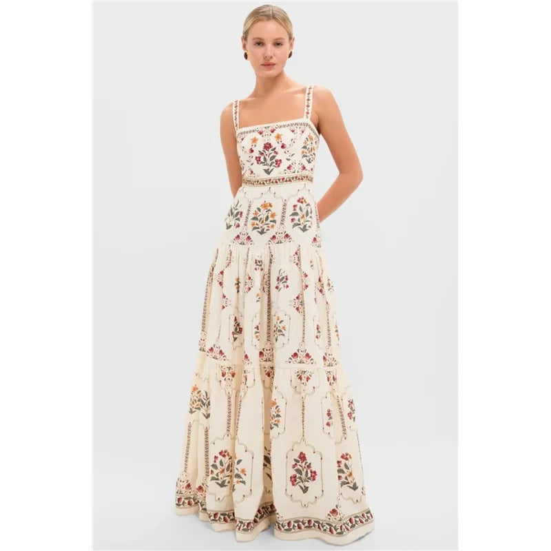 Casual Sleeveless Floral Patchwork Maxi Dress Women's Printed Dress Large Skirt European Style mid Waist Other 100% Fabric