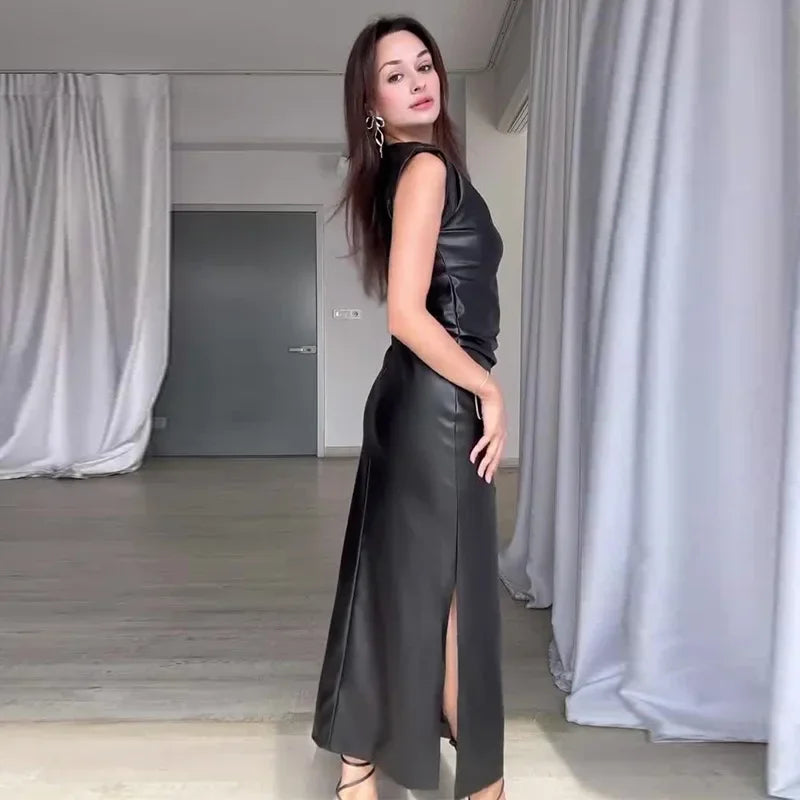 Sweet And Spicy Style Long Sleeveless round Neck PU Leather Dress Women's Fashion Summer New Arrival Mini Maxi Skirt