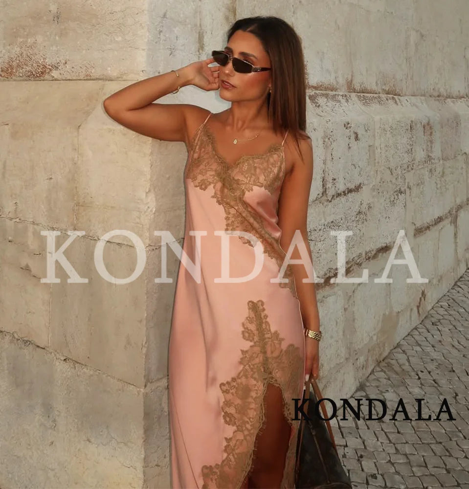 KONDALA Women Unique Elegant Satin Lace Suspender Dress Summer High Street Fashion Asymmetrical Dress 2026 Holiday Beach Dress