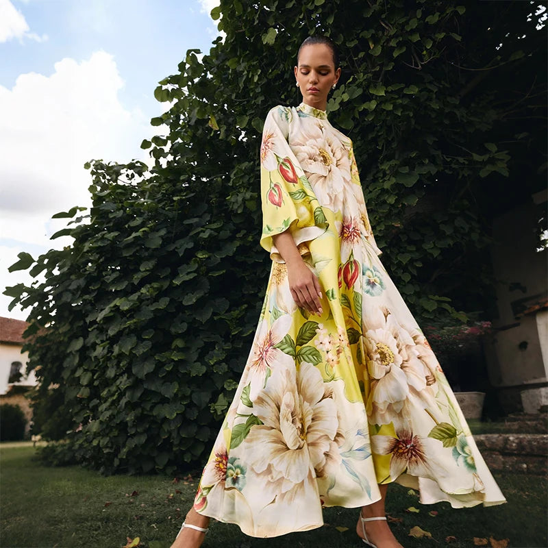 Floral Print Women Dress Button Down Mock Neck Maxi Dresses Long Lantern Sleeve A-Line Waist Belt Flared Hem Elegant Streetwear - Shellss