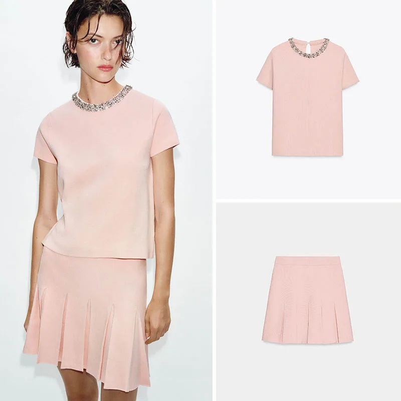 Zara Knit Embellished Neck top and skirt