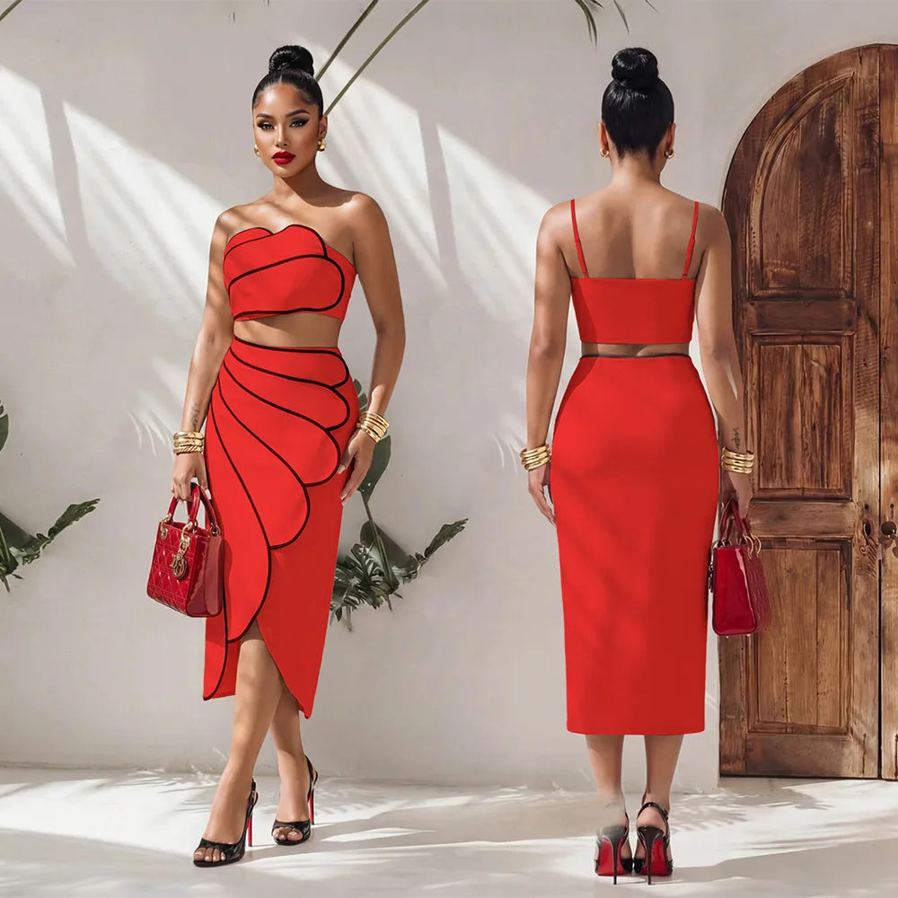 2 Piece Sets Tops And Skirt Elegant Women Sleeveless Sexy Midi Dress Fashion Evening Ladies Street Party Vestidos Summer