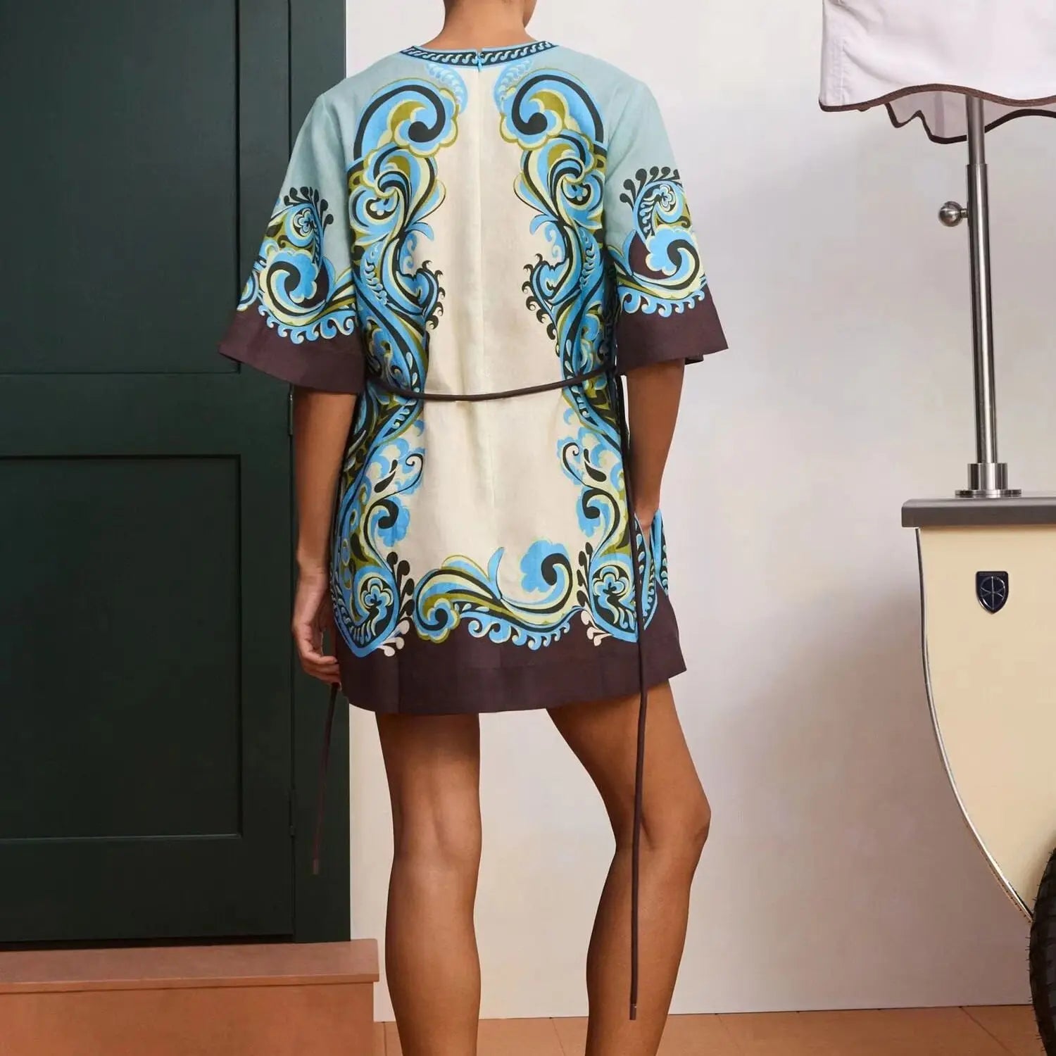 Linen Women Printed Mini Robe V-neck Short Sleeve Waist Rope Tie Loose Dress