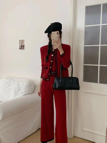 Strick-Cardigan + Hose mit weitem Bein, gestreift, lässig, 3-teiliges Set