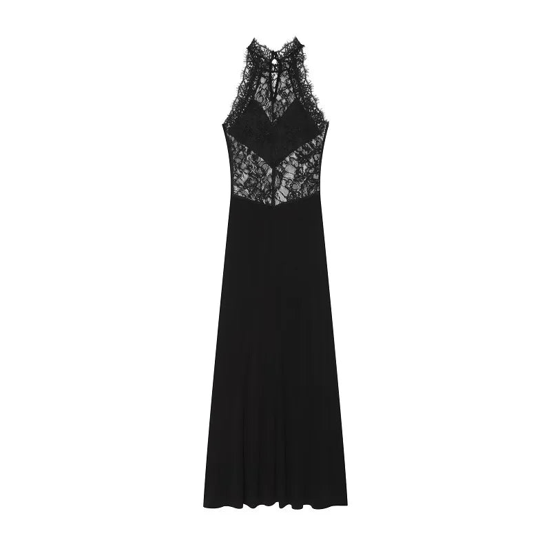 HXAO Halter Women's Lace Dress Summer Corset Elegant Party Dresses Off Shoulder Sexy Vacation Black Dress Semi Sheer Maxi Dress