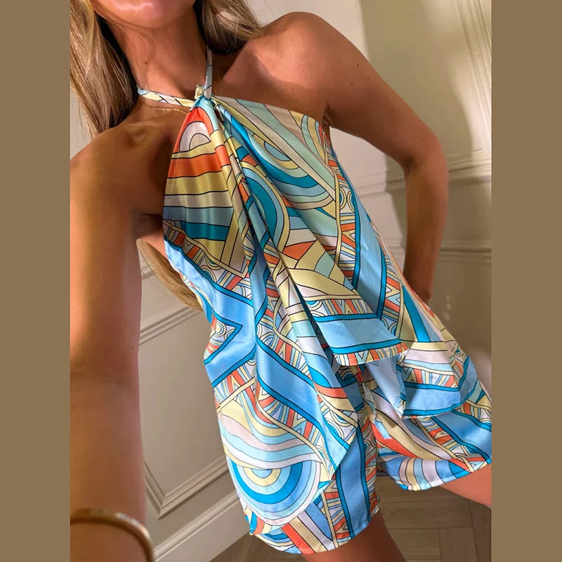 Sexy Women's Satin Printed Vest Shorts Set Lace Up Backless Strapless Crop Tops High Waist Short Pant 2026 Summer Beach Suit
