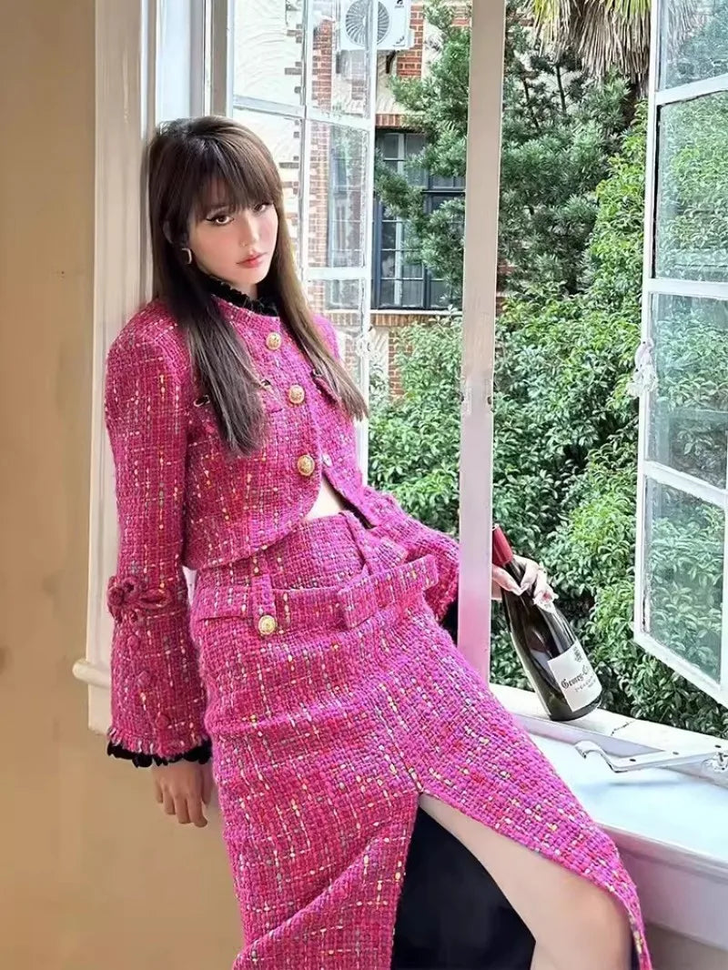 Pink Tweed Short Jacket & Skirt Two Piece - Shellss