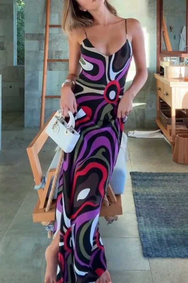 Sexy Printed Sling Long Dress Women Sleeveless Backless High Waist Slim Dresses Female 2026 Summer Beach Vacation Robes Lady