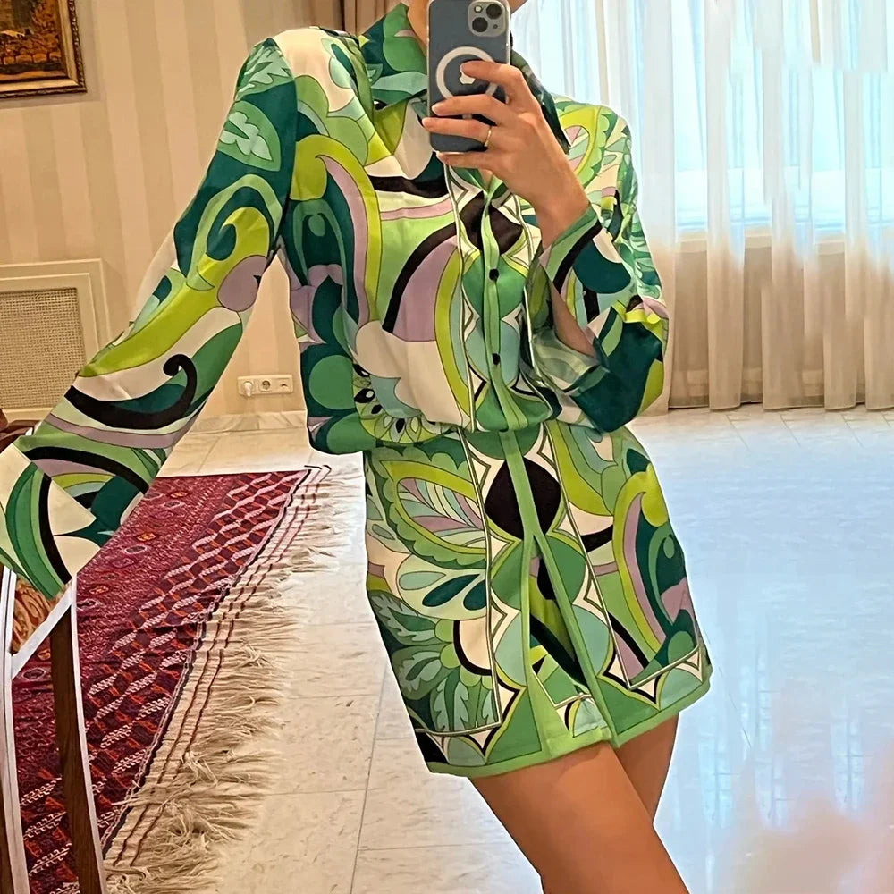 Summer Skirt Sets Women Tops Fashion Long Sleeve Plant Print Flower Shirt High Waist A-line Skirt Boho Beach Sets Y2k Skirt