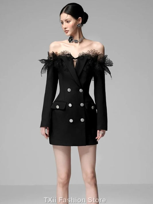 Feather Blazer Dress Slash Neck