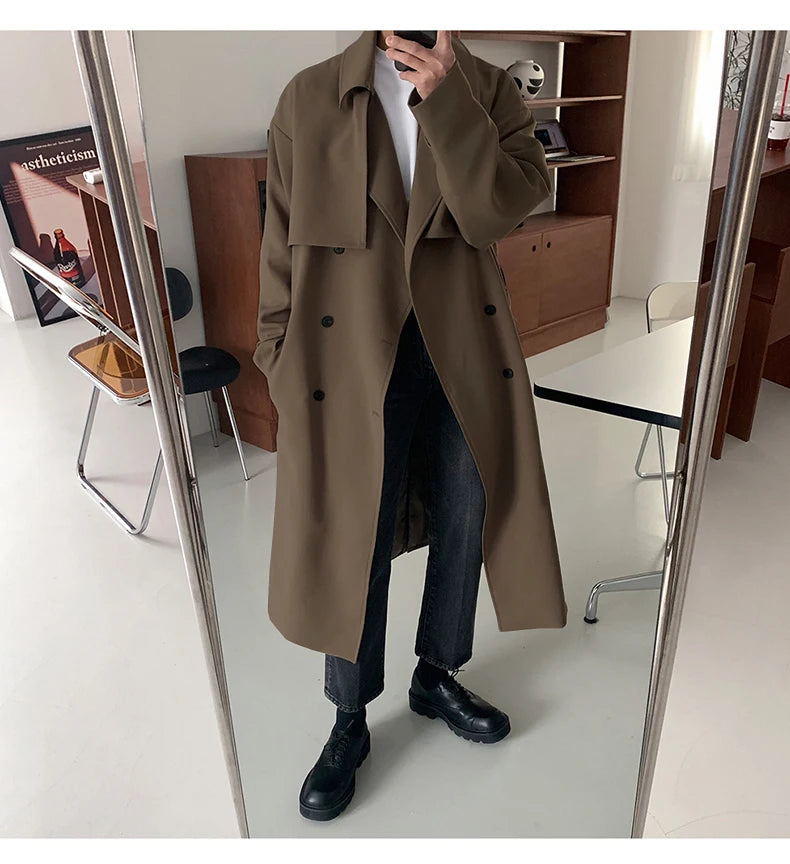 Trench Men Coat British Style Solid Double Breasted Oversize Leisure Long Coats