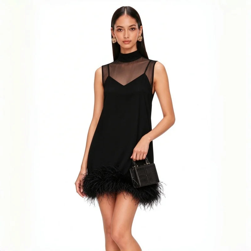 Halloween Outfit High End Feather Mini Cocktail Dress Mock Neck See Through Mesh Sleeveless Short Dress For Cosplay Bachelorette - Shellss