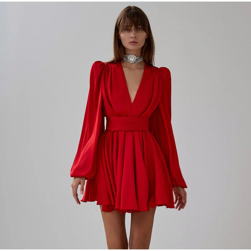 Elegant Red High Waist Long Lantern Sleeve Female Dress