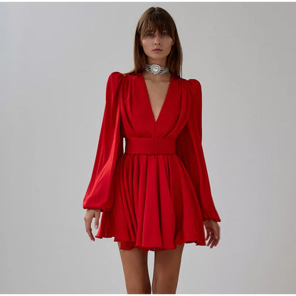 Elegant Red High Waist Long Lantern Sleeve Female Dress