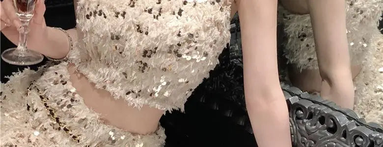Summer New Little Fragrance Style Hot Girl Tassel Bright Particle Top Bodycon High Waist  Skirt Two Piece Set Women