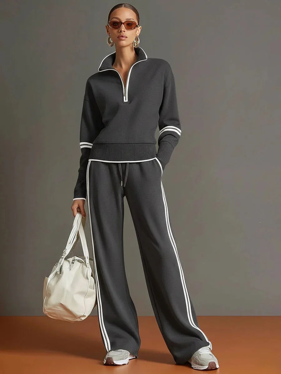 Women European Style Half Zip Knit 2 Piece Outfit Stand Collar Long Sleeve Sweater Drawstring Wide Leg Pants Matching Set Casual