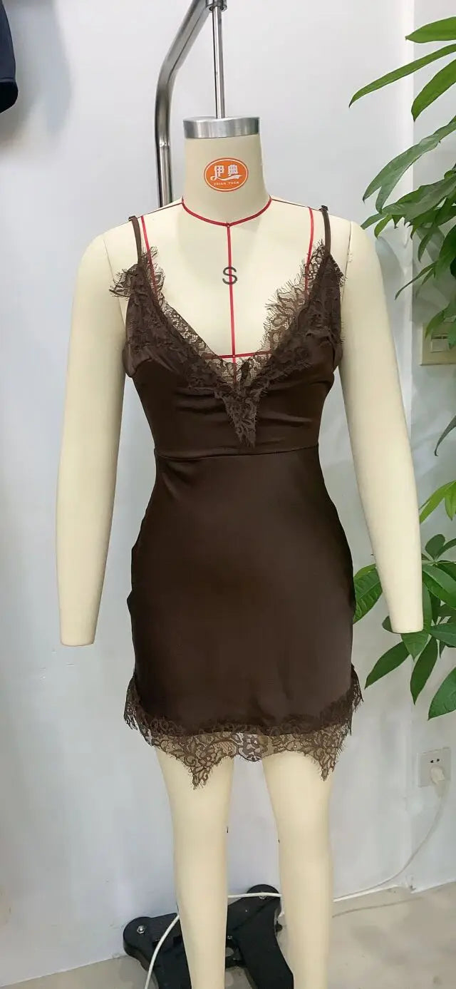 Brown Lace Trim Cami Dress