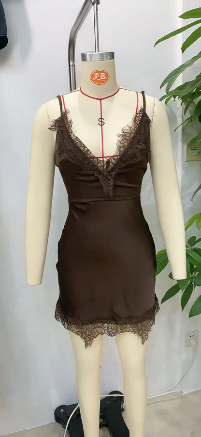 Brown Lace Trim Cami Dress