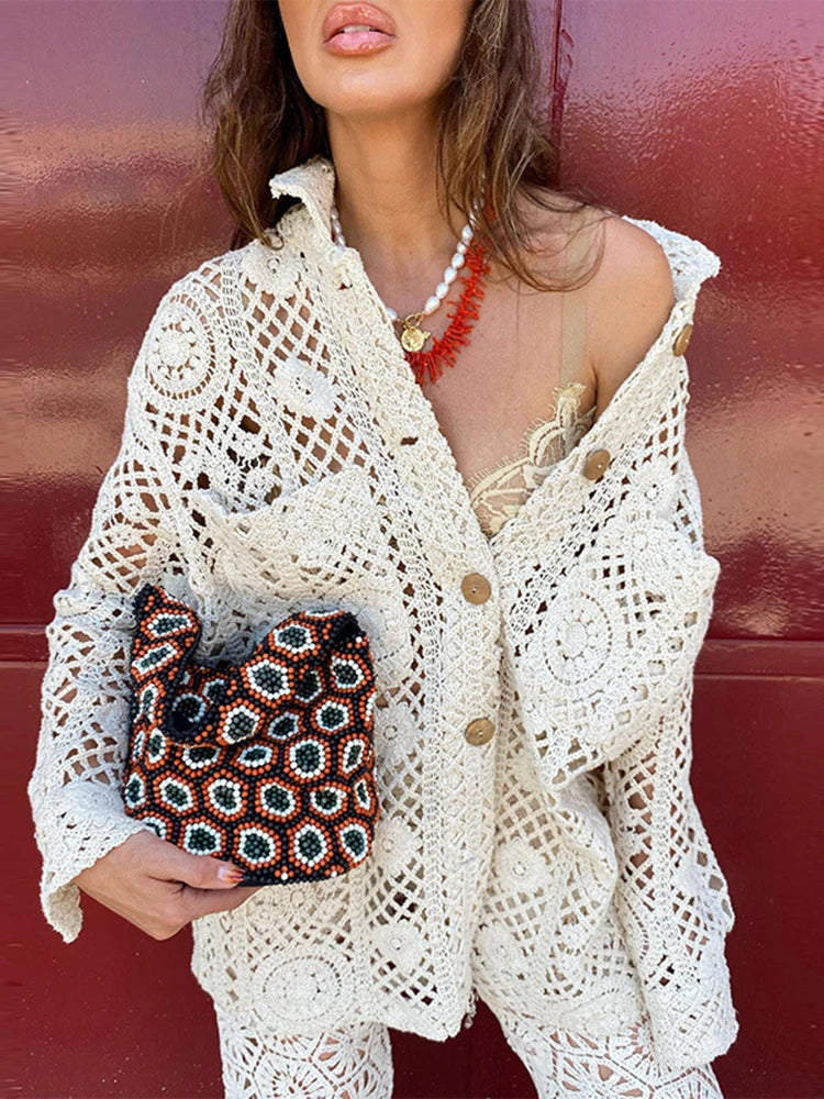 Loose Lace Crochet Shirt - HIgh end