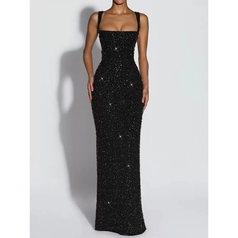 Women European American Sequin Cami Dress Sleeveless Tie Slim Fit Cocktail Party Evening Gown