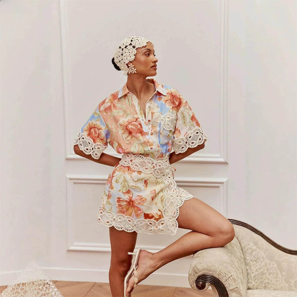 VACAY 2026 Women's Floral Lace Shirt Short Skirt Set Casual Three-Piece Suit European Style Three-Quarter Sleeve Plant Floral... - Shellss